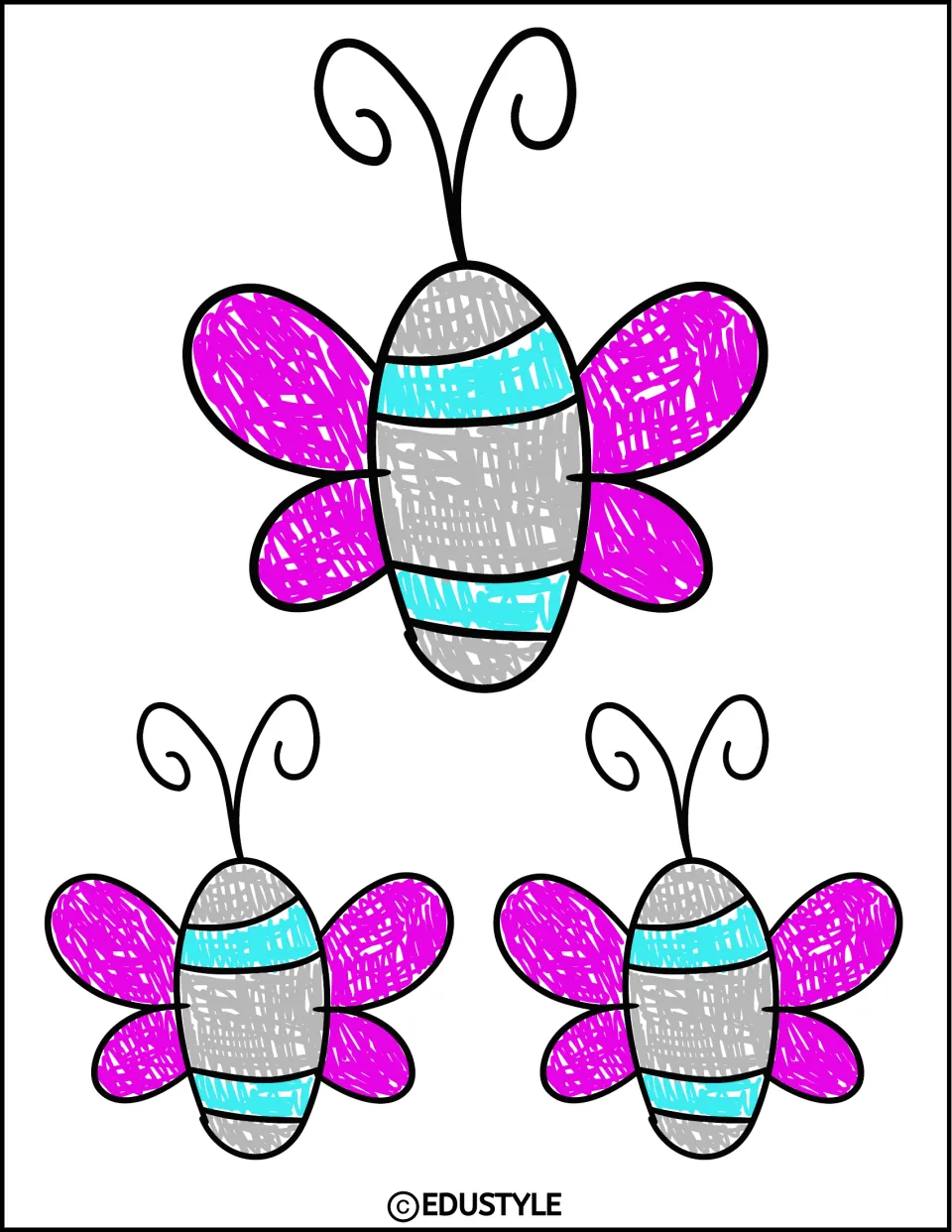 Bee cut-outs in pink and teal: one large and two small crayon-style bees with curly antennae and magenta wings