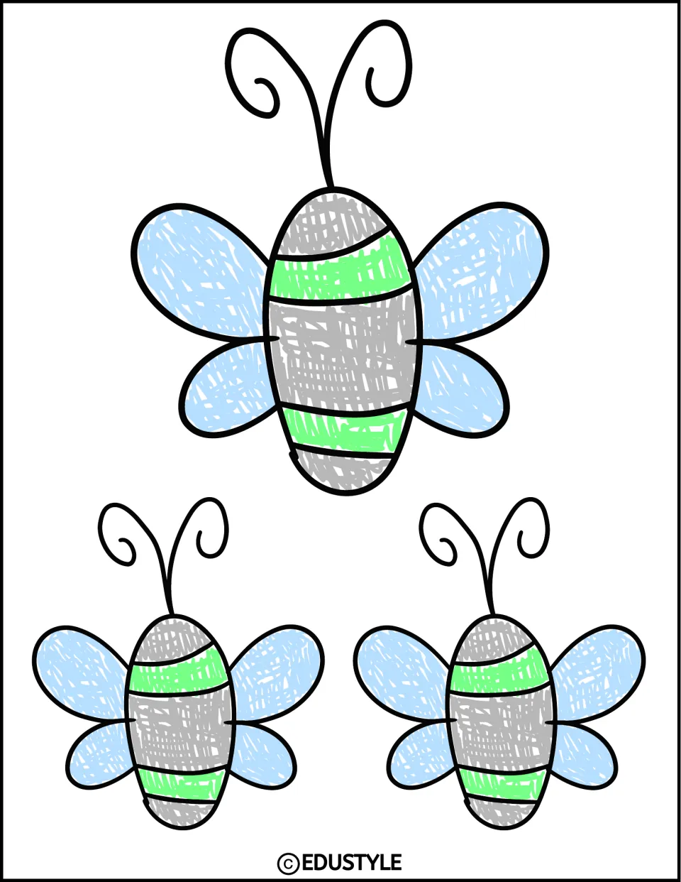 Bee cut-outs in blue and green: three crayon-colored bees, one big and two small, with pale blue wings and green stripes