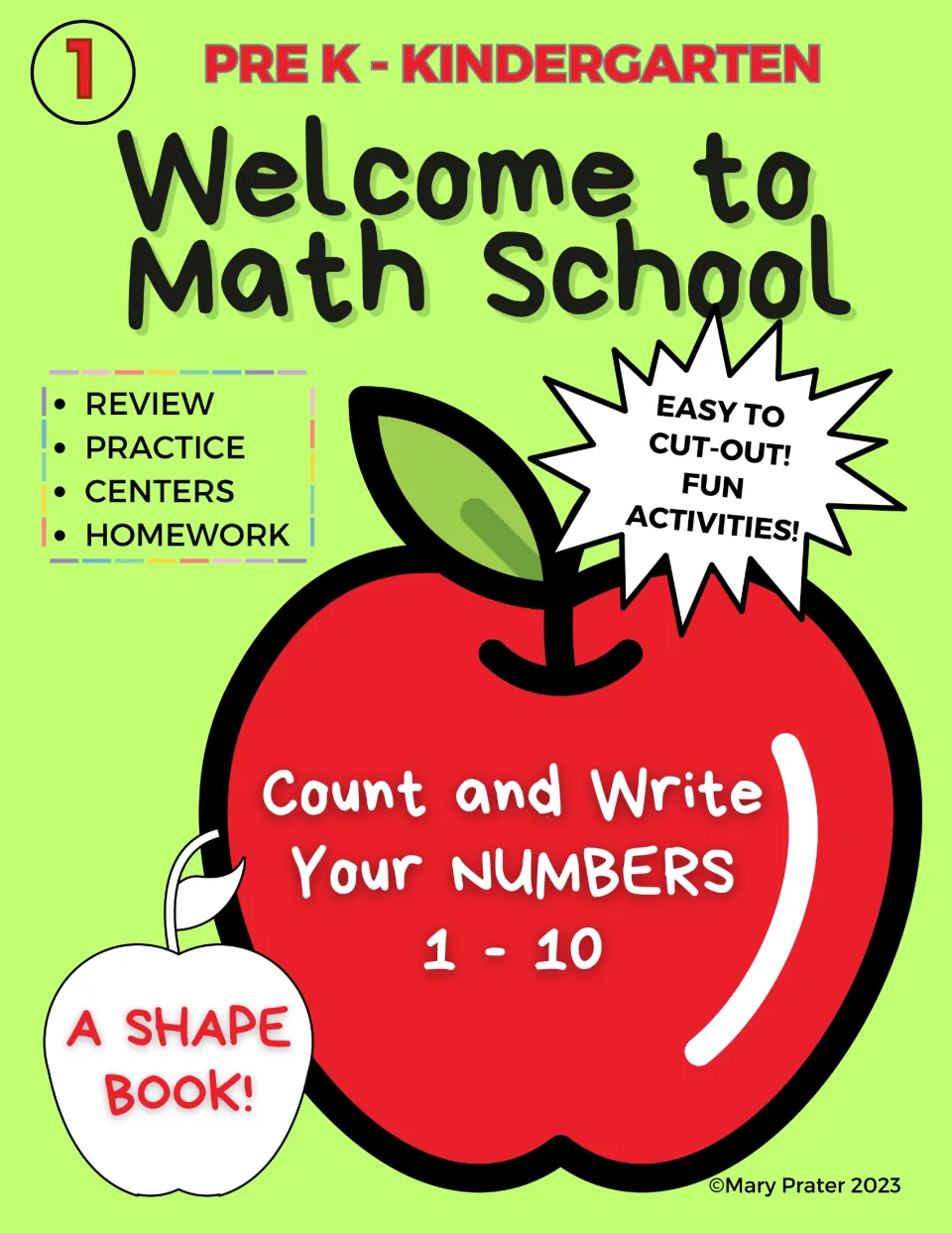 Welcome to Math School cover: apple shape book to count and write numbers 1-10 for review, practice, centers, homework