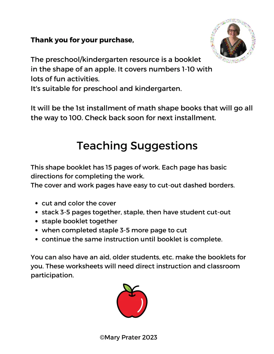 Teaching suggestions for the apple booklet: cut and color the cover, staple 3-5 pages at a time, cut out, then repeat