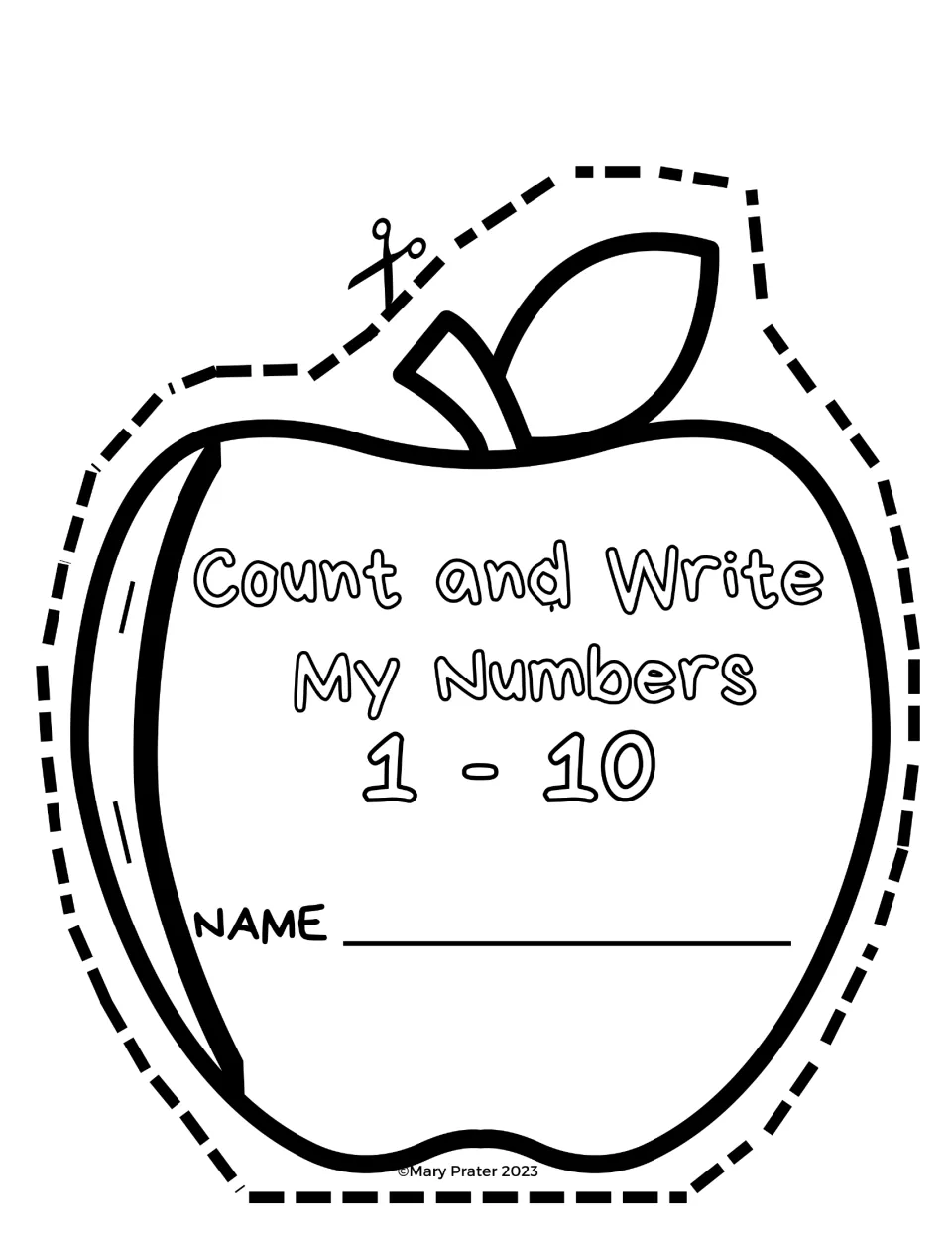Booklet cover cut-out: apple titled Count and Write My Numbers 1 - 10 with a name line for students to cut out and color