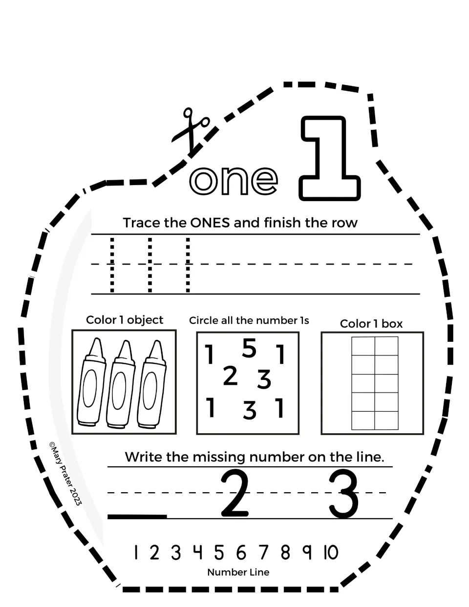 Number one page: students trace 1s, color 1 crayon and 1 box, circle every 1, then write the missing number before 2, 3