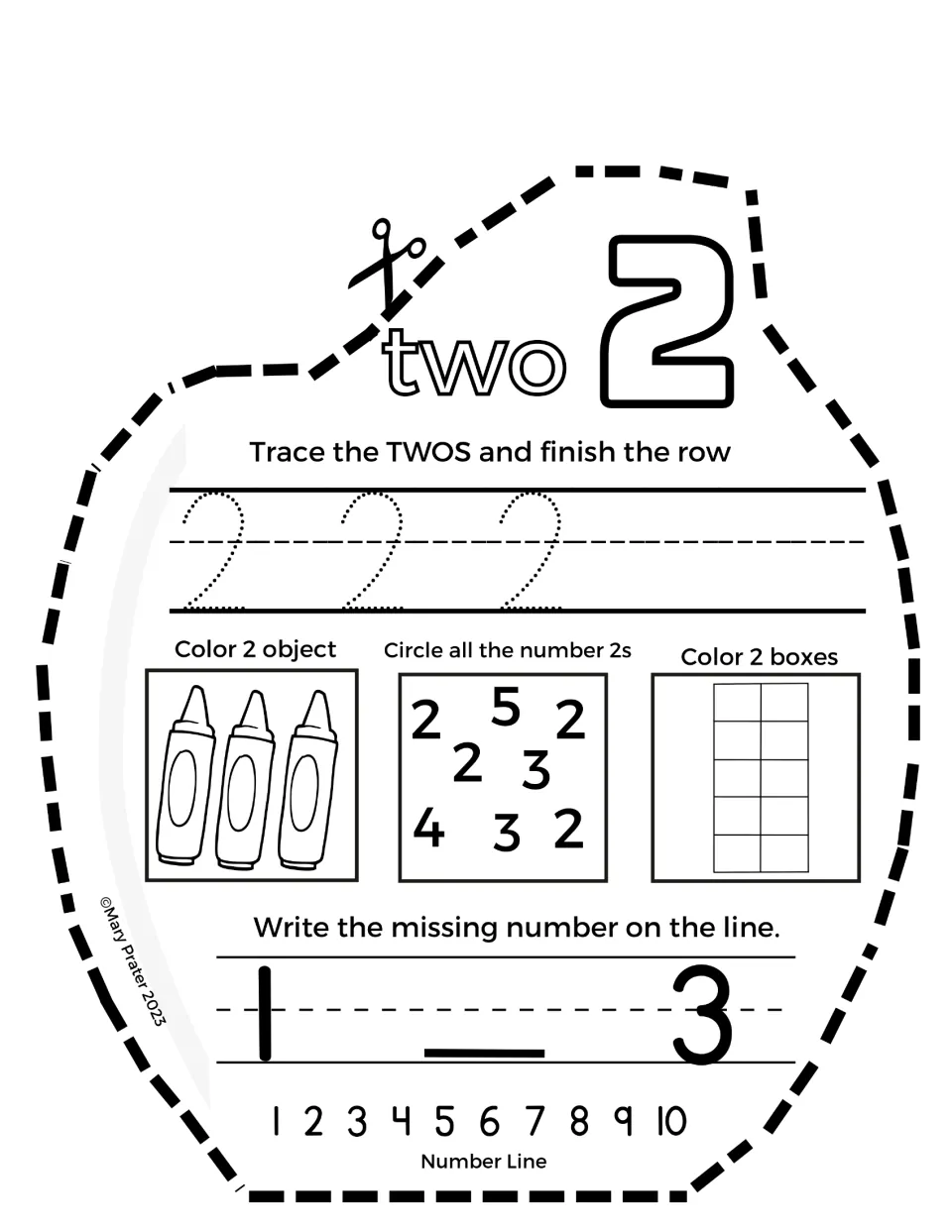 Number two page: students trace 2s, color 2 crayons and 2 boxes, circle every 2, and fill in the missing number in 1 _ 3