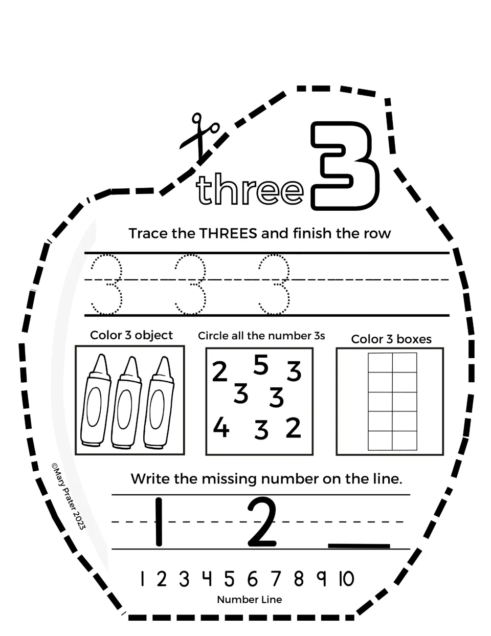Number three page: students trace 3s, color 3 crayons and 3 boxes, circle every 3, and write the number after 1, 2