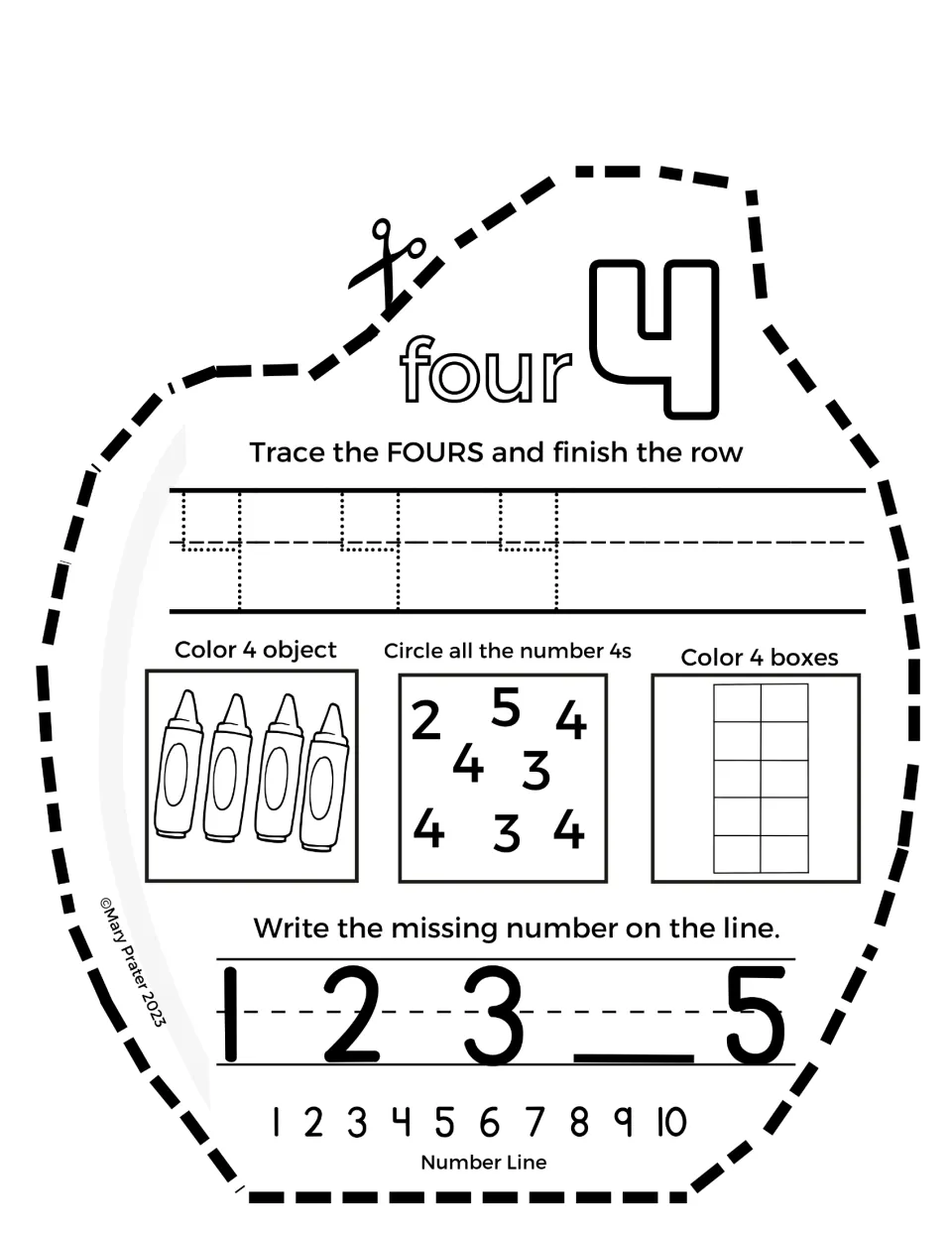 Number four page: students trace 4s, color 4 crayons and 4 boxes, circle every 4, and complete 1 2 3 _ 5