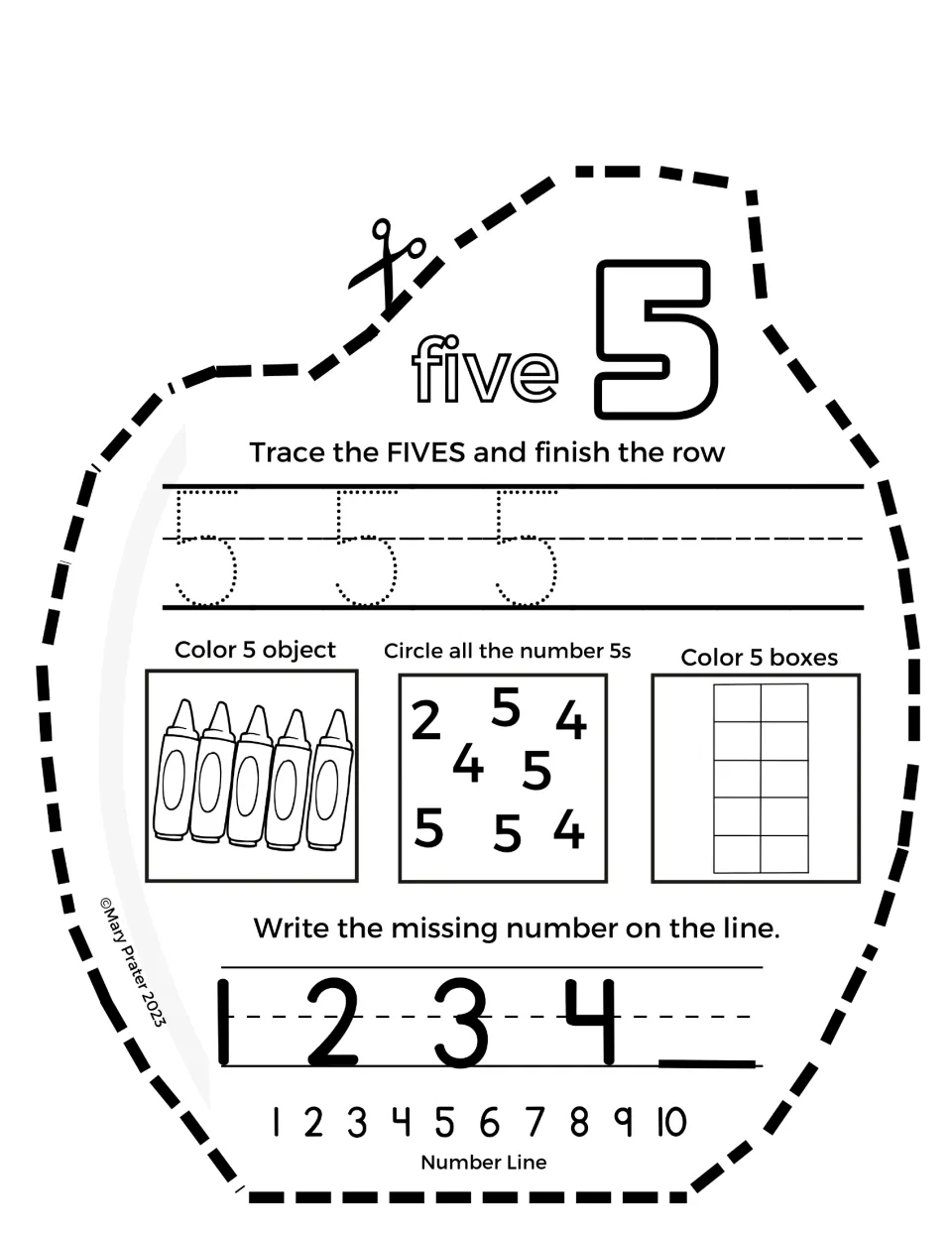 Number five page: students trace 5s, color 5 crayons and 5 boxes, circle every 5, and write the number that comes after 4