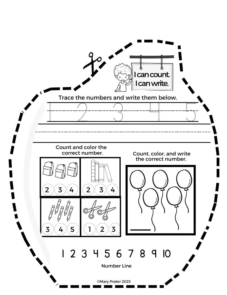 Counting 1-5 review: students trace and rewrite 1 to 5, count backpacks, books, pencils and scissors, then count balloons