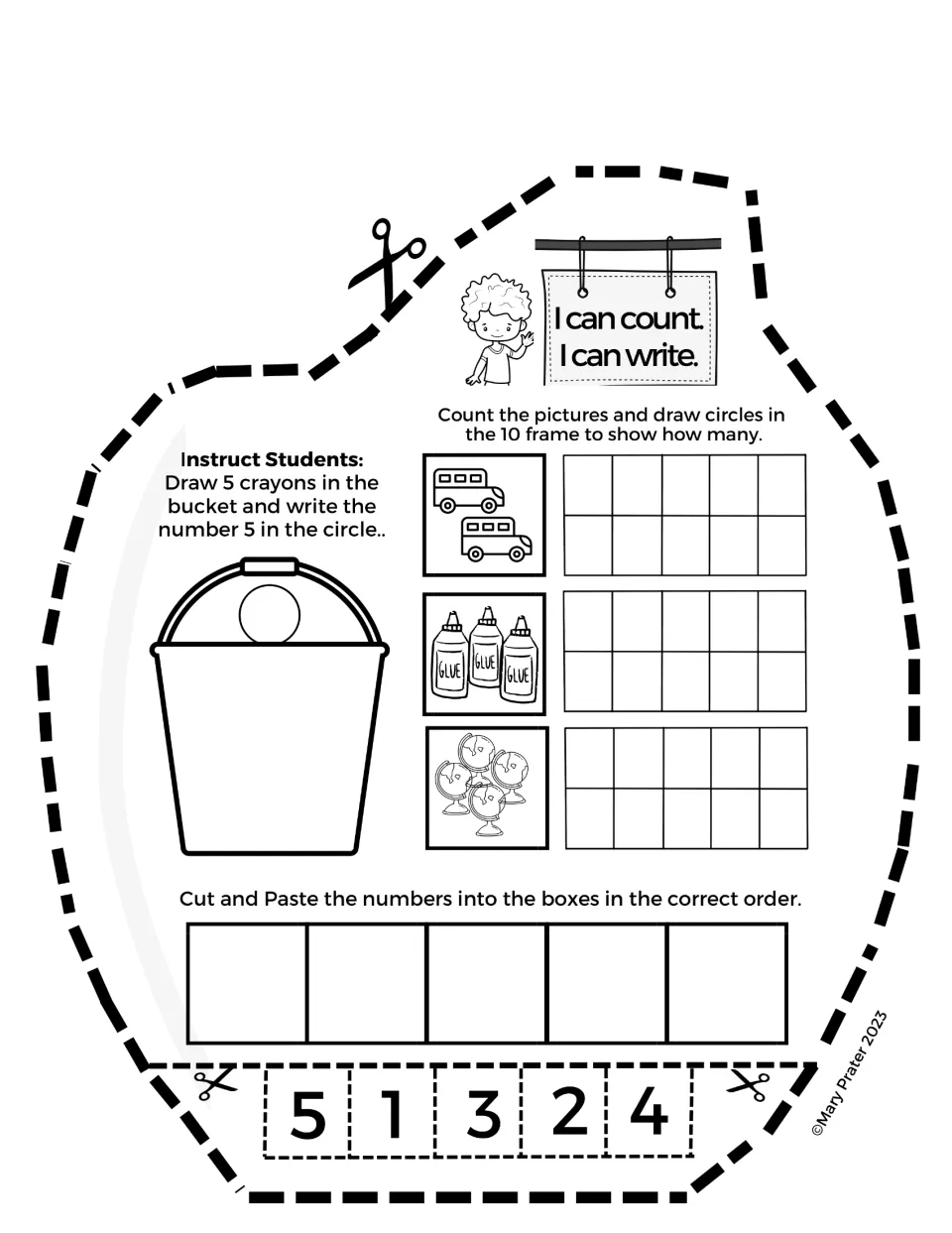 Counting and ordering 1-5: students draw 5 crayons in a bucket, show buses, glue, globes on ten frames, order 1-5