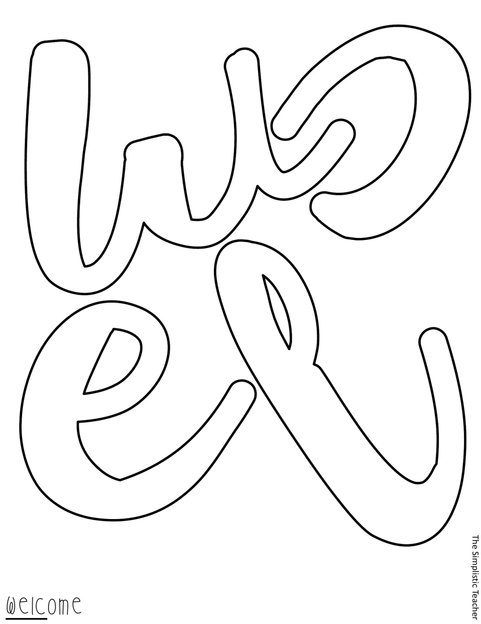 Outline cut-out letters for the start of the word welcome, rotated to fit the page and left blank for coloring