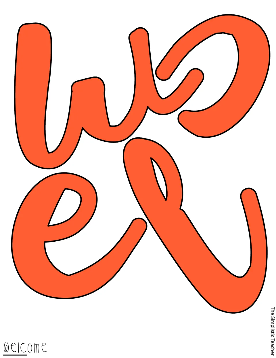 Orange filled cut-out letters for the start of welcome, a print-ready color version of the outline set