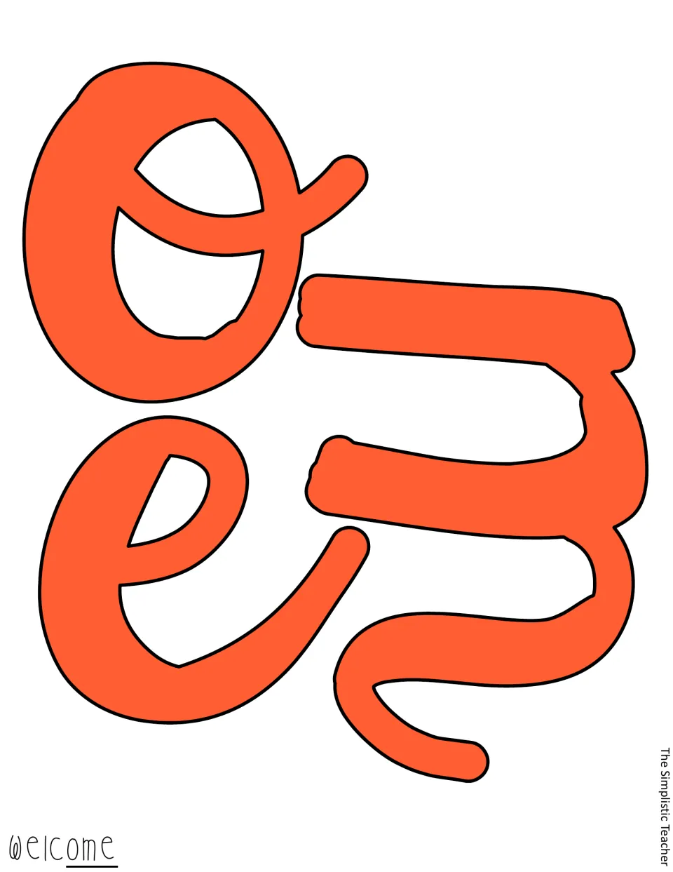 Orange filled cut-out letters o, m and e completing the word welcome, ready to print, cut and hang
