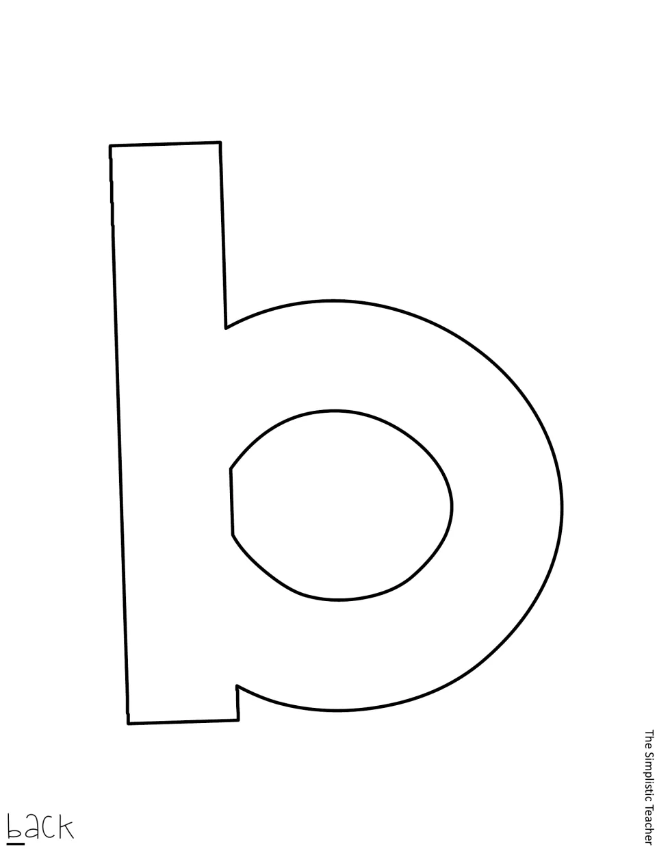 Outline cut-out letter b, the first letter of back in the door phrase, shown blank for coloring or colored paper