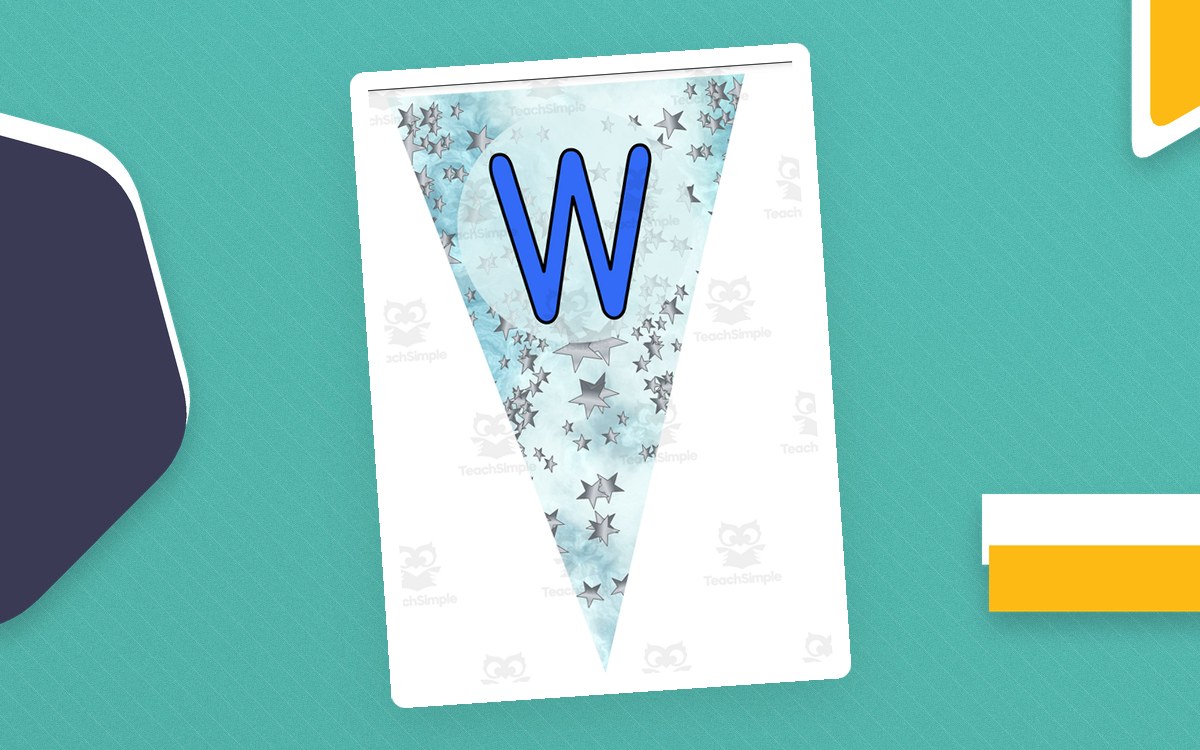 Single blue floral triangular banner with a large letter W.