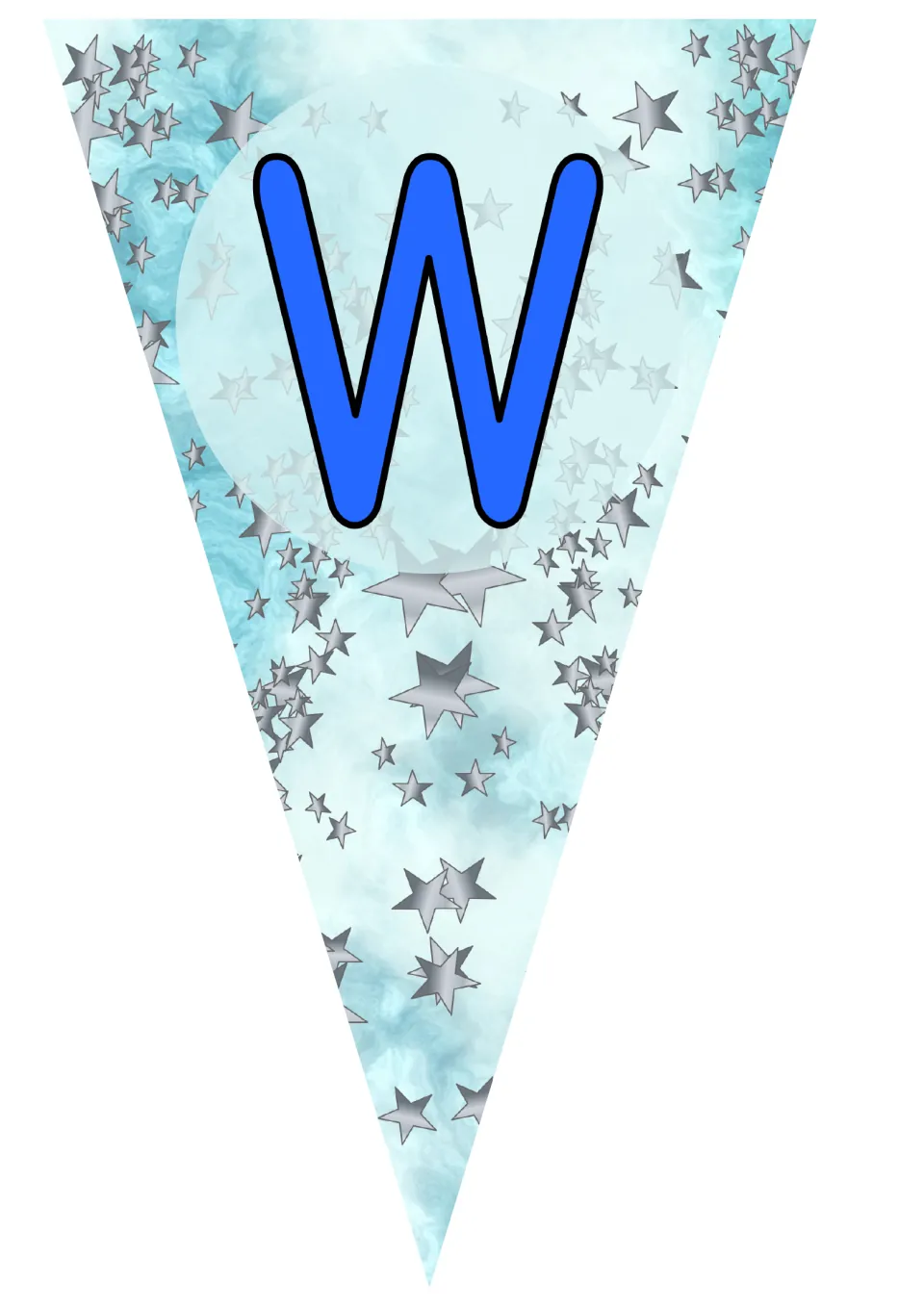 Bunting pennant showing a blue capital W on an aqua watercolor background scattered with silver stars