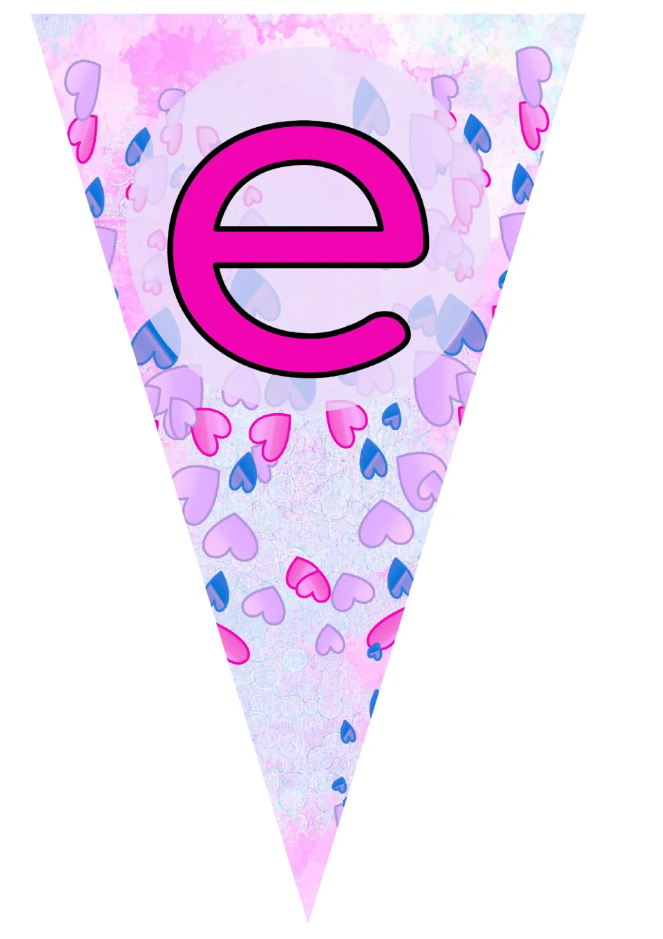 Bunting pennant with a pink lowercase e on a pastel pink and lilac background covered in small hearts