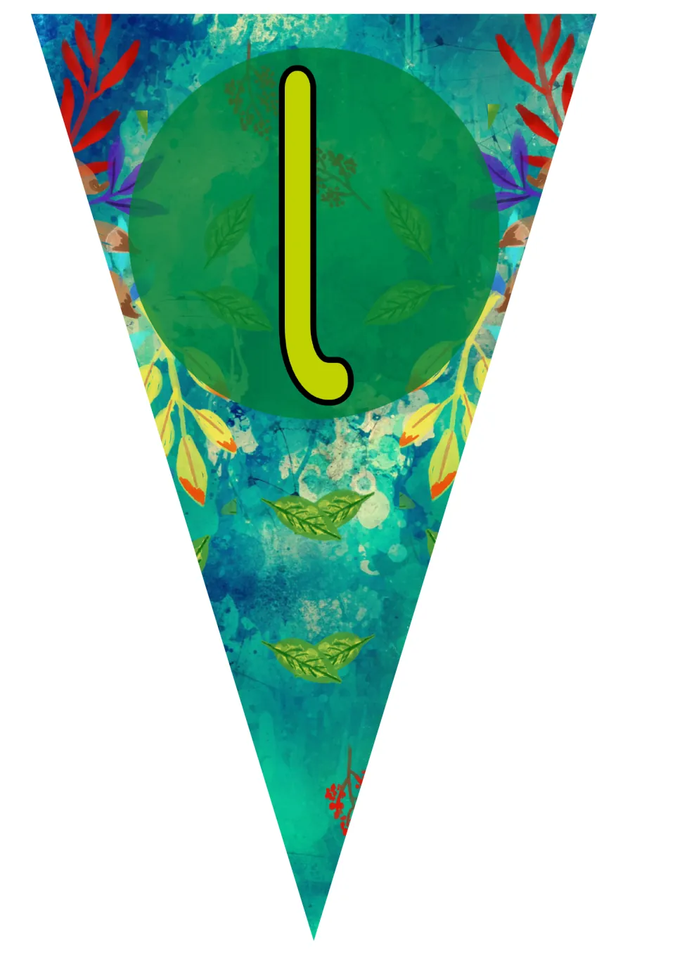 Bunting pennant with a lime-green lowercase l in a green circle on a teal background with leaves and red sprigs