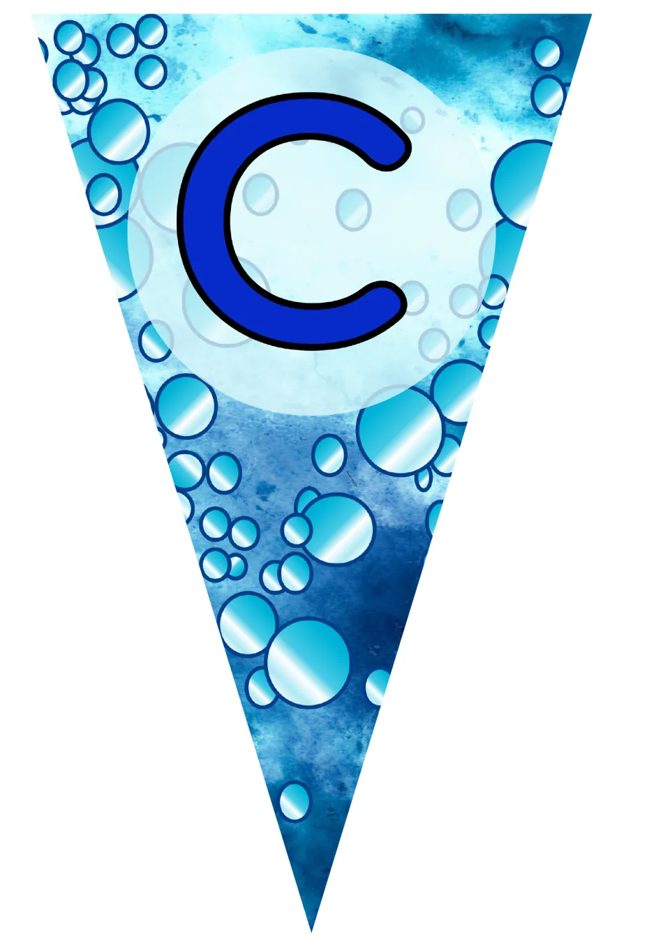Bunting pennant with a dark blue lowercase c on a deep blue watercolor background filled with shiny bubbles