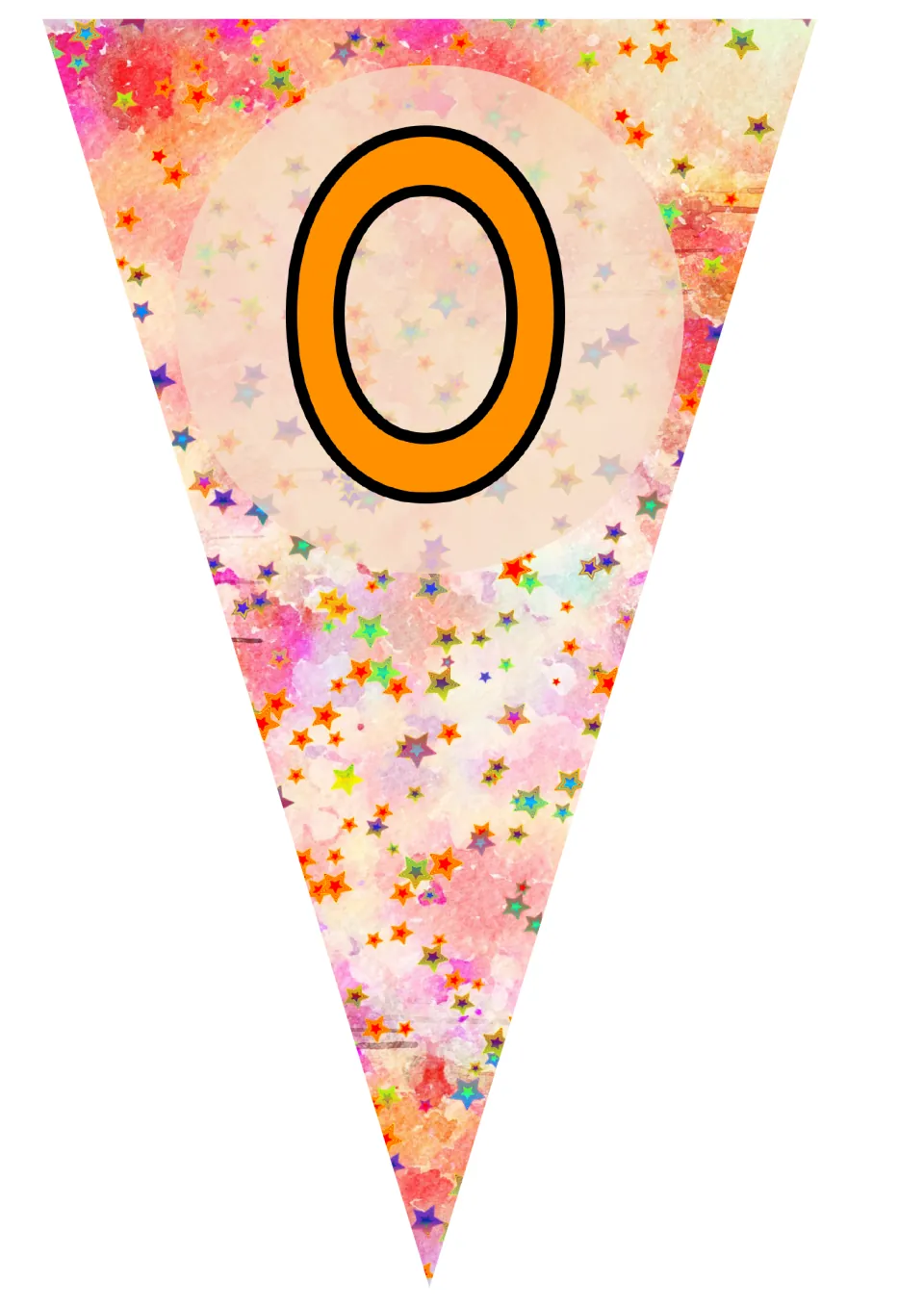 Bunting pennant with an orange lowercase o on a warm pink and peach watercolor background dotted with rainbow stars
