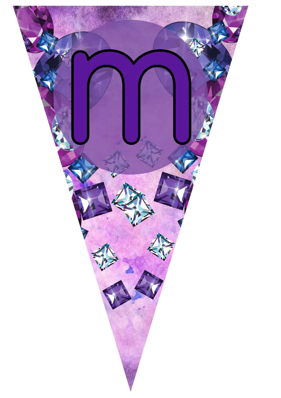 Bunting pennant with a purple lowercase m on a violet watercolor background decorated with sparkling cut gems