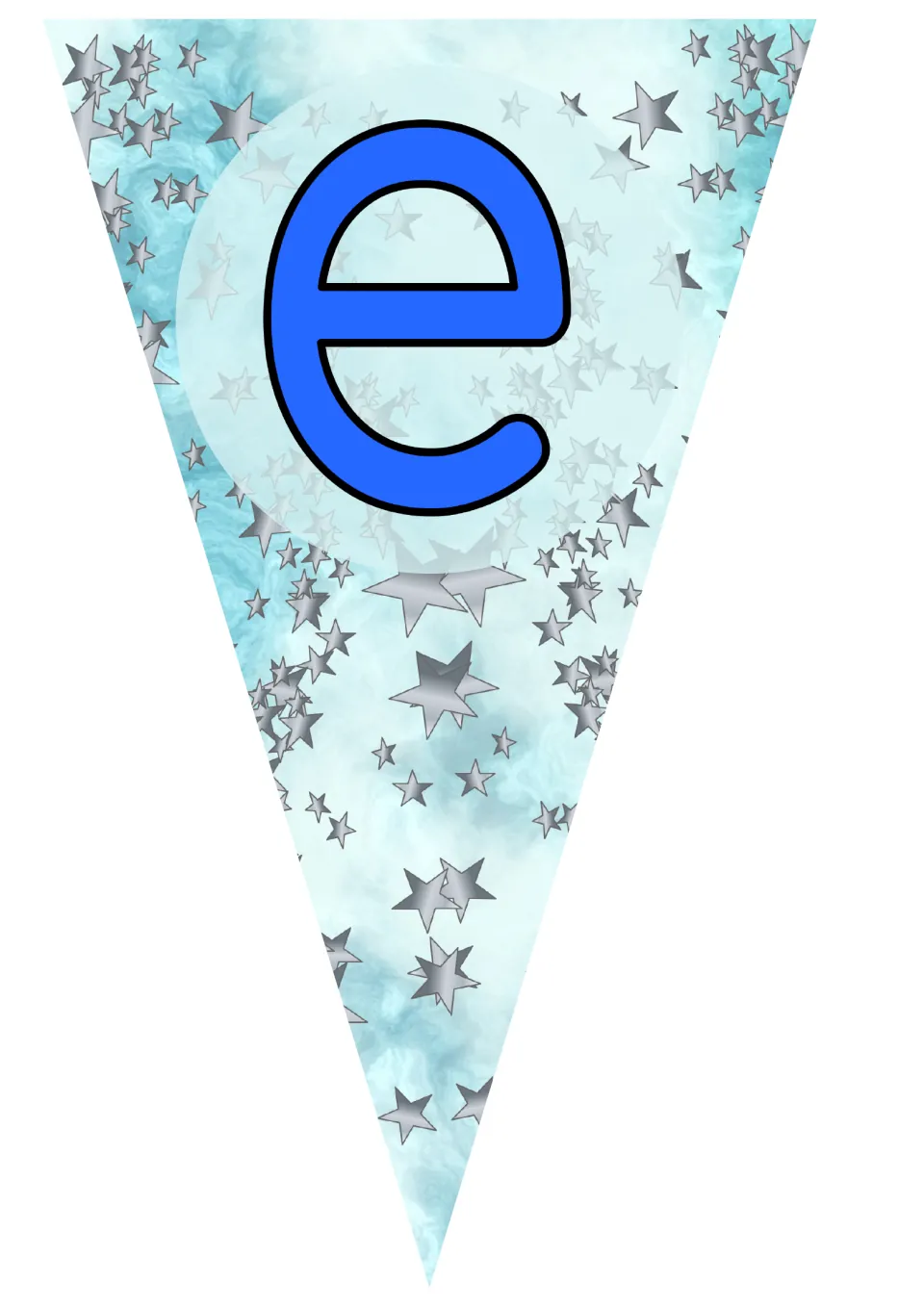 Bunting pennant with a blue lowercase e on aqua with silver stars, matching the star design of the W pennant