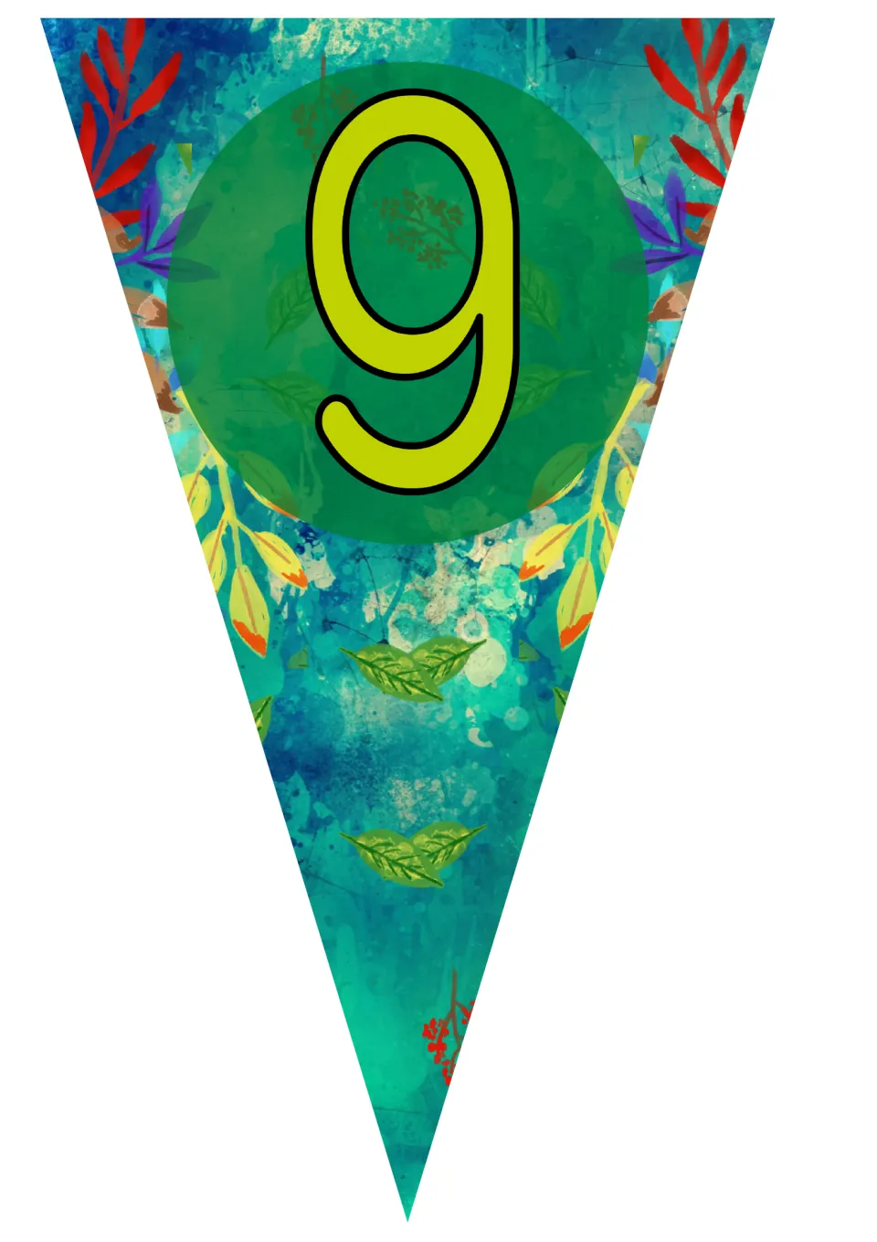 Bunting pennant with a lime-green numeral 9 in a green circle on a teal background with leaves and red sprigs
