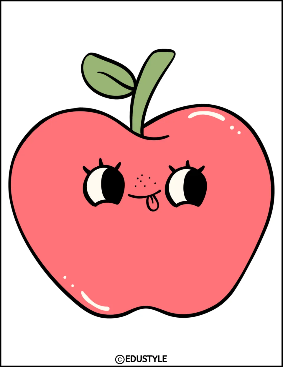 Back-to-school apple decoration: a large red cartoon apple with big eyes, freckles, a tongue out and a leaf on the left