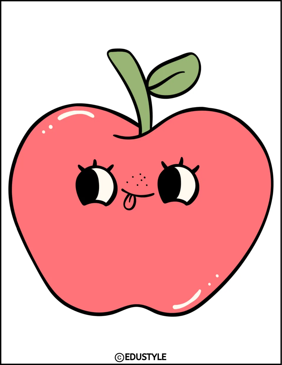 Full-size cartoon apple facing the other way, its leaf on the right and a cheeky smile, for a mirrored display