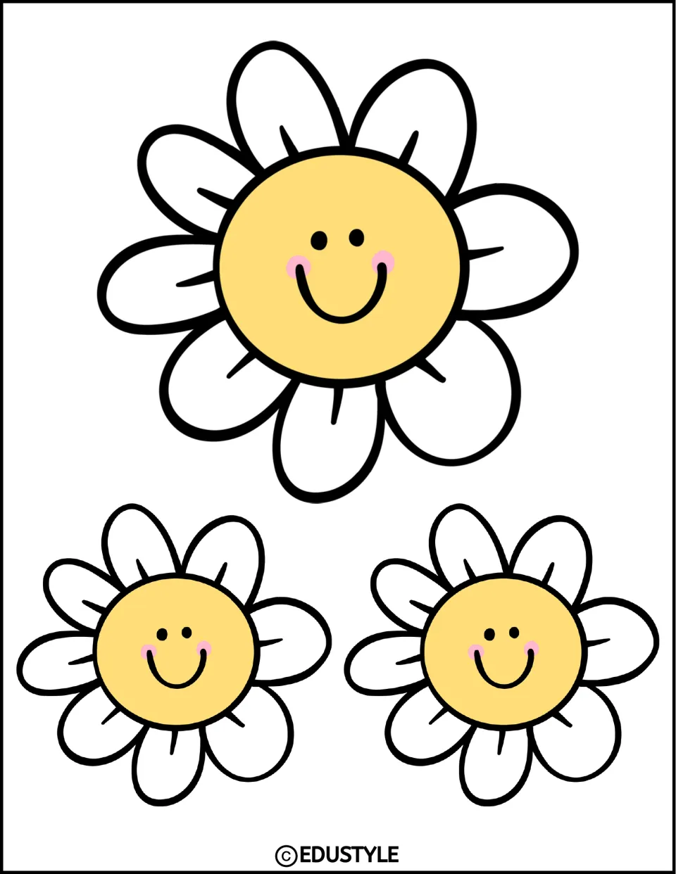 Smiling daisy decorations: one large and two small white-petal flowers with yellow happy faces and pink cheeks to cut out