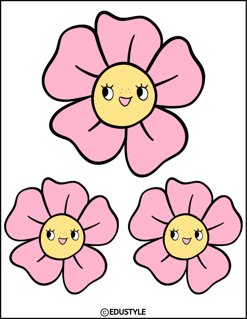 Pink flower cut-outs: one big and two small five-petal blooms with yellow faces, freckles and open smiles for decorating