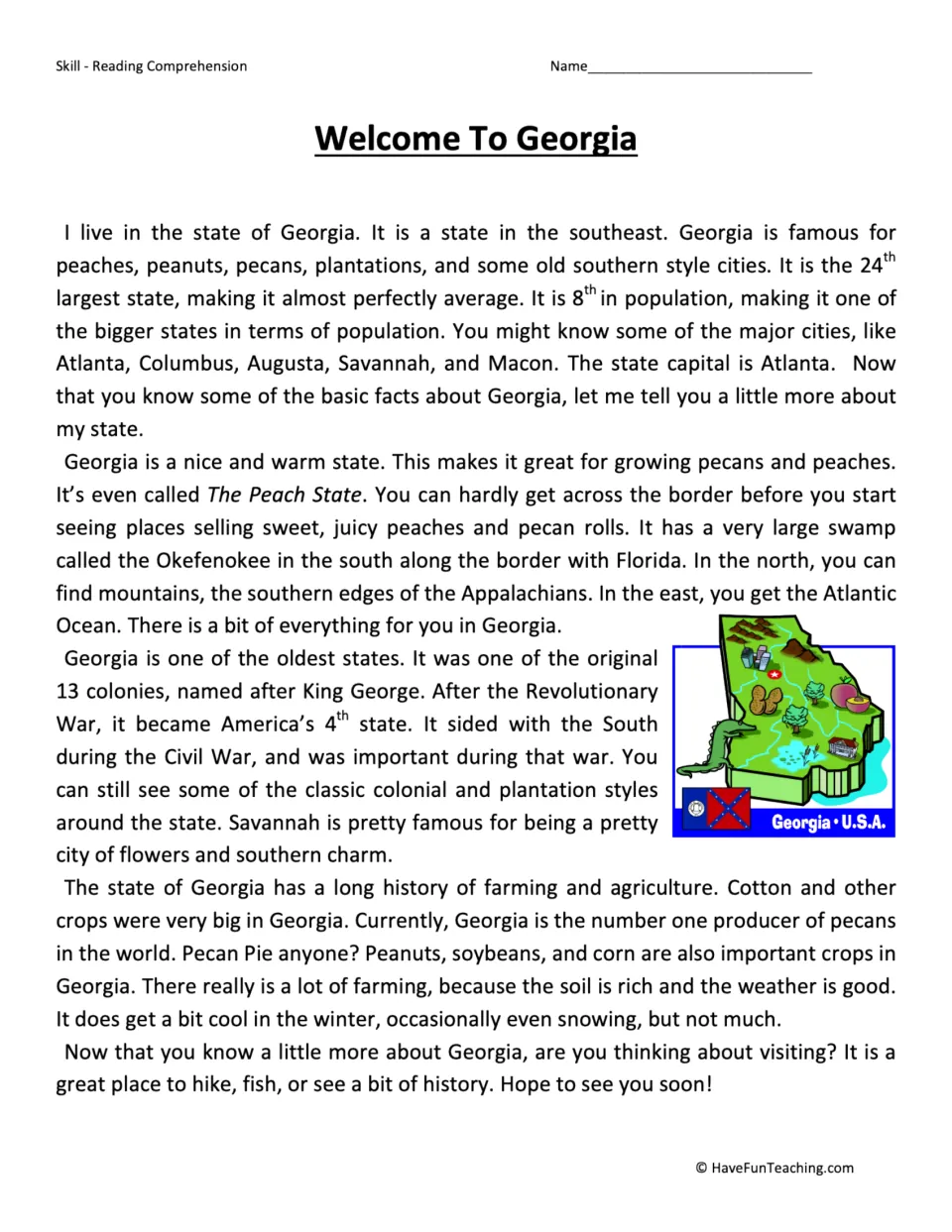 Reading passage about Georgia's cities, geography, history, and agriculture, including its Peach State nickname.