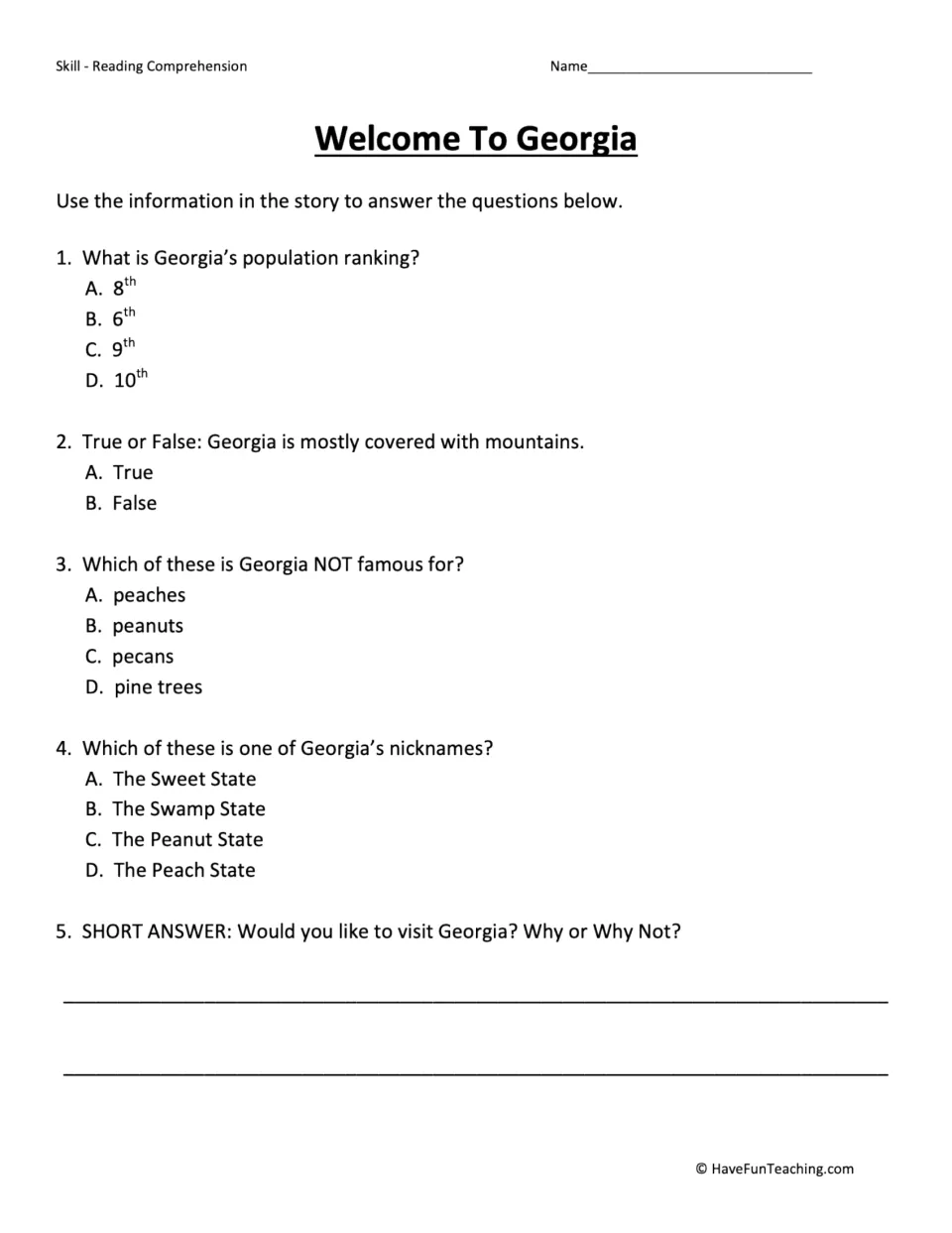 Comprehension questions about Georgia's population rank, mountains, crops, nickname, and reasons to visit.