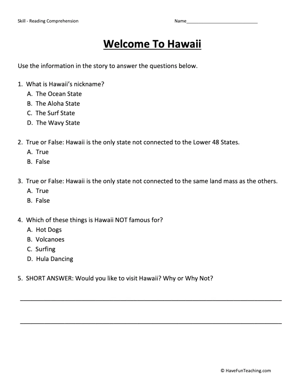 Hawaii reading questions: students answer 4 multiple-choice and true/false items plus a short-answer response