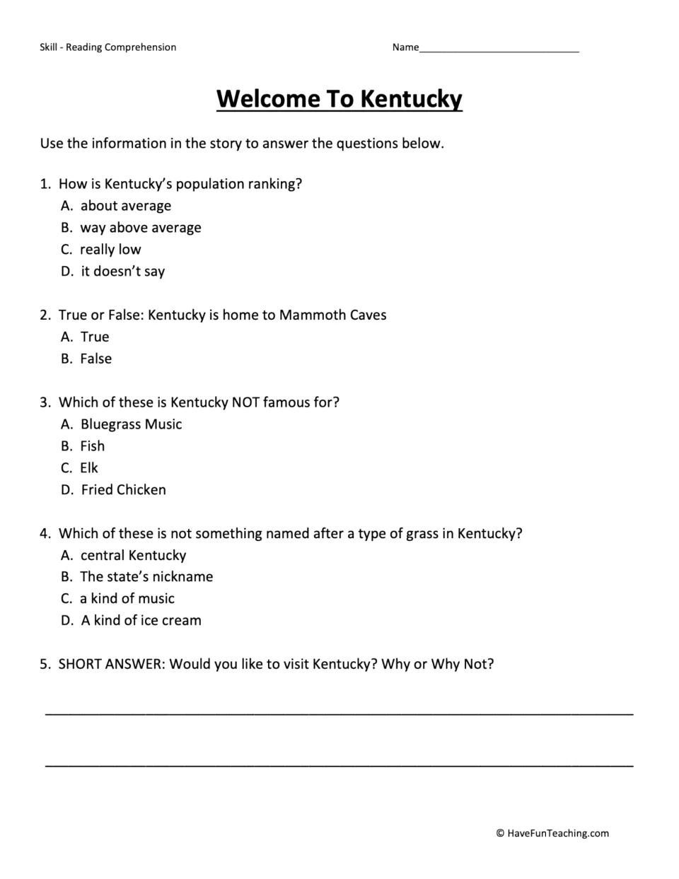 Five Kentucky reading comprehension questions about population, caves, state features, and visiting the state.
