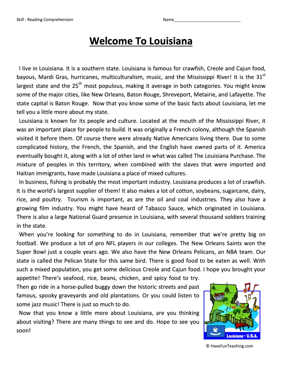 Reading passage about Louisiana's history, culture, industries, food, sports, and places to visit.