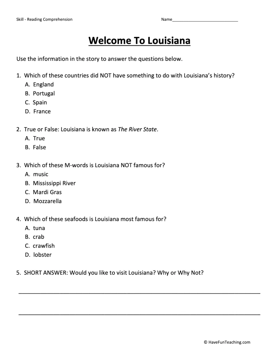 Five comprehension questions about Louisiana's history, nickname, famous features, crawfish, and visiting.