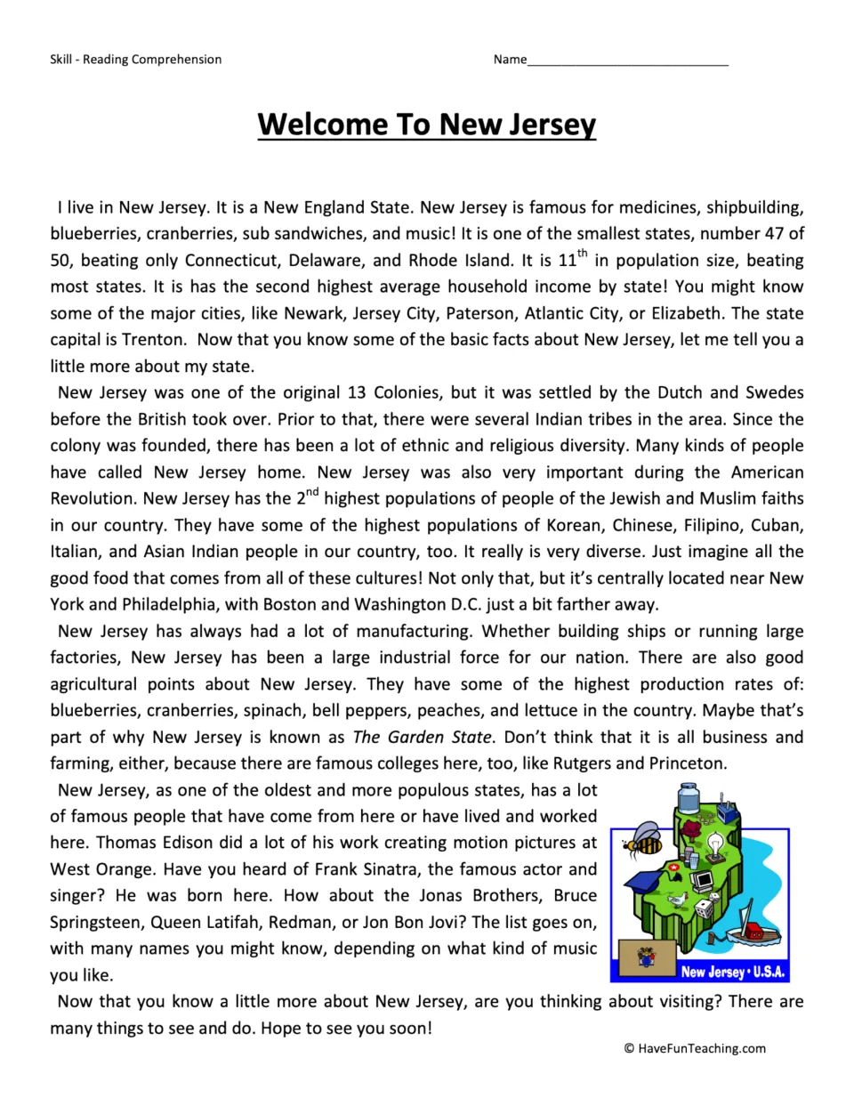 Reading passage about New Jersey's history, cities, agriculture, industry, and famous residents.