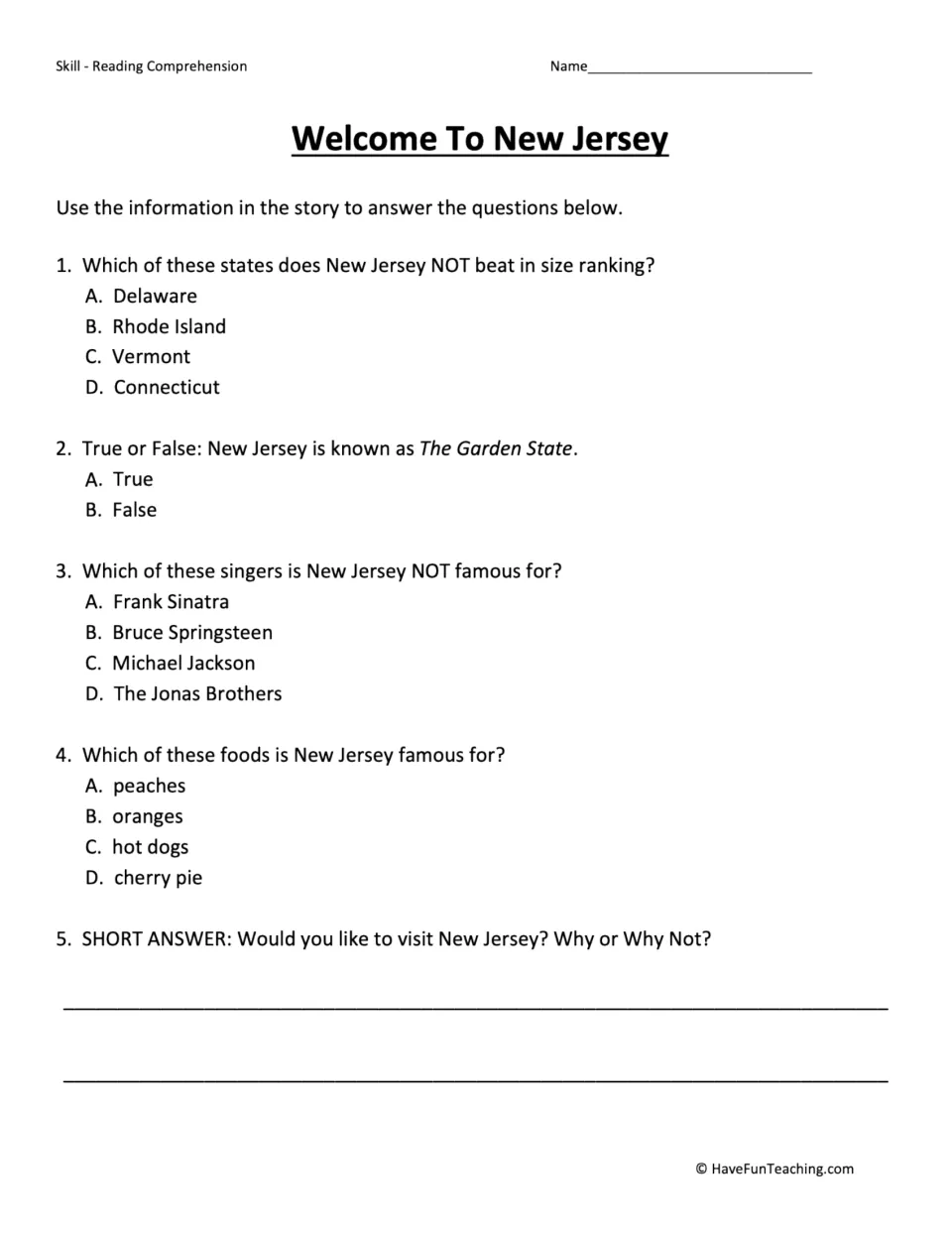 Five reading comprehension questions about New Jersey's size, nickname, singers, food, and visiting.