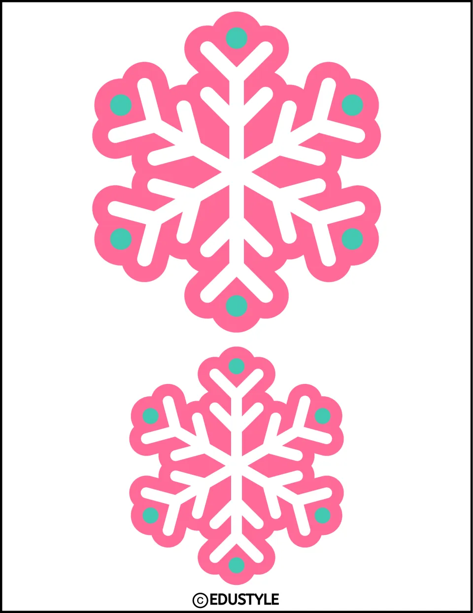 Two pink snowflake cutouts in different sizes with white branches and teal dots for the Christmas decor kit