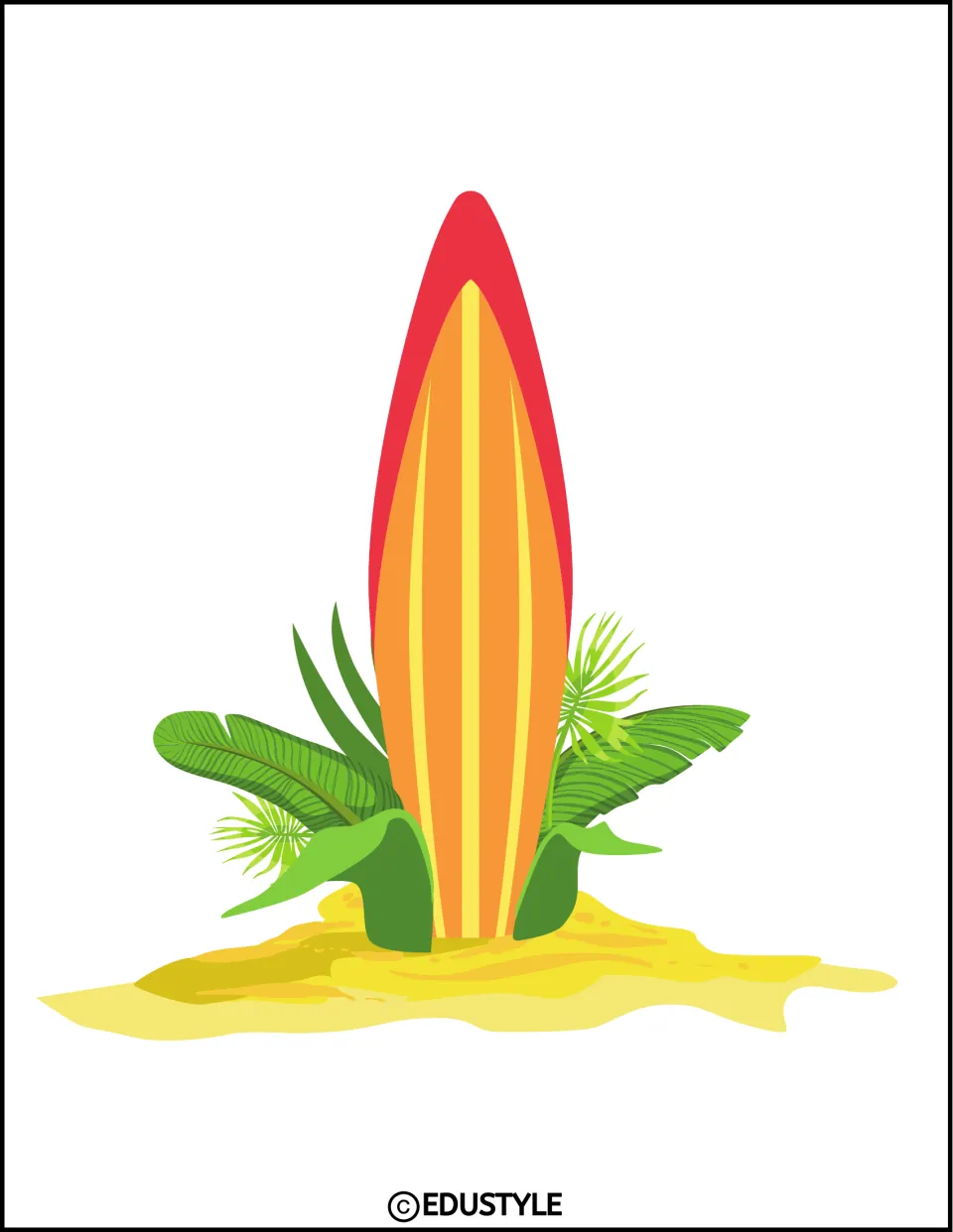 Surfboard in sand decoration: an orange and yellow striped board with red edge standing among tropical leaves