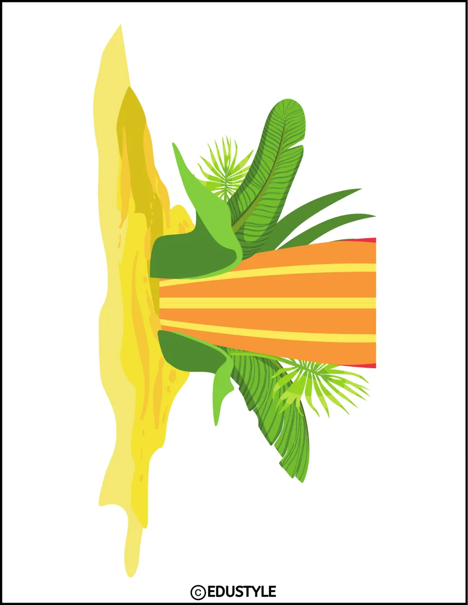Mirrored surfboard graphic: the same striped surfboard in sand with palm fronds, facing the opposite direction