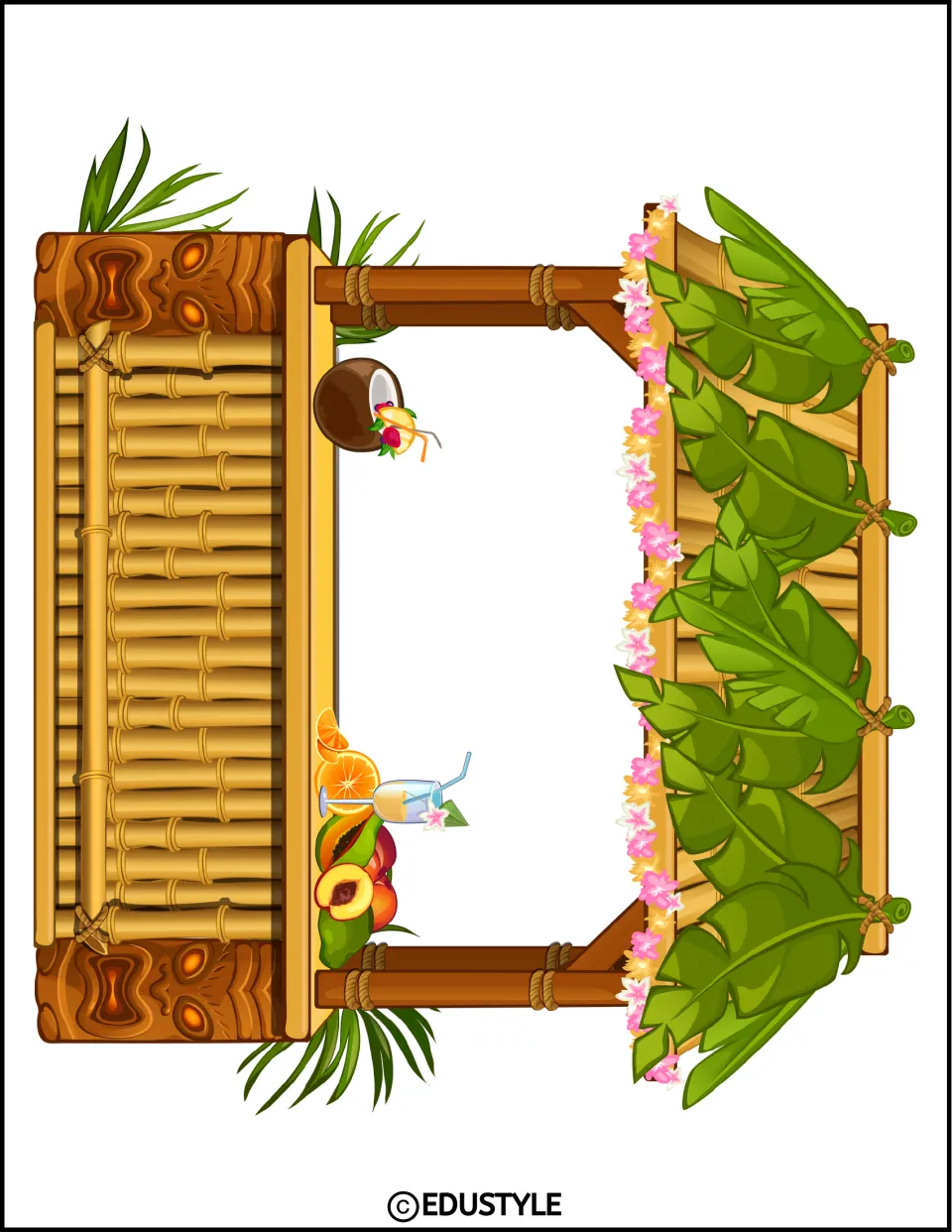 Tiki hut frame shown sideways: carved tiki posts, bamboo walls, banana-leaf roof, pink flowers and tropical drinks