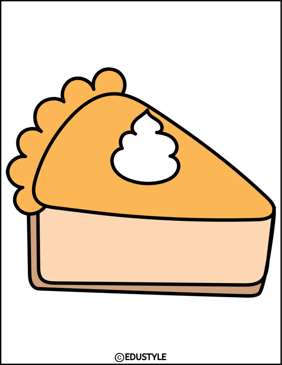 Pumpkin pie slice cutout: a big orange slice with scalloped crust and a white whipped cream swirl, tip pointing right