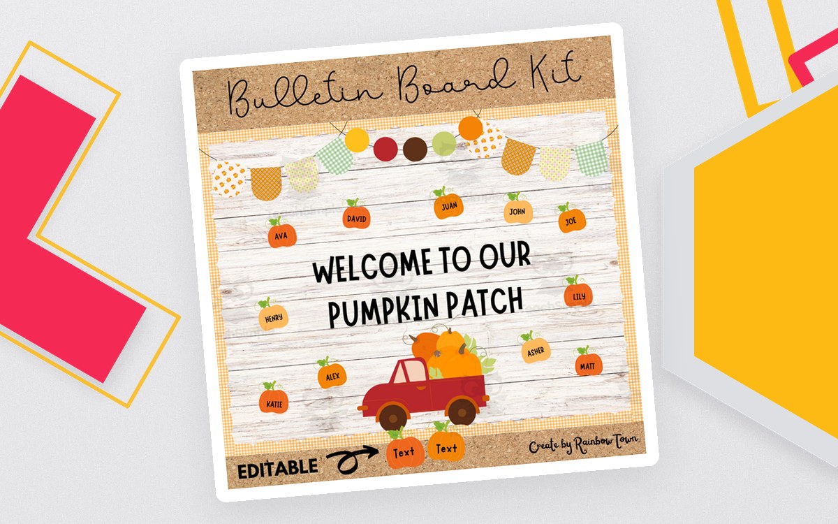 Welcome to Our Pumpkin Patch bulletin-board kit cover with pumpkins, garland, editable label, and display mockup.