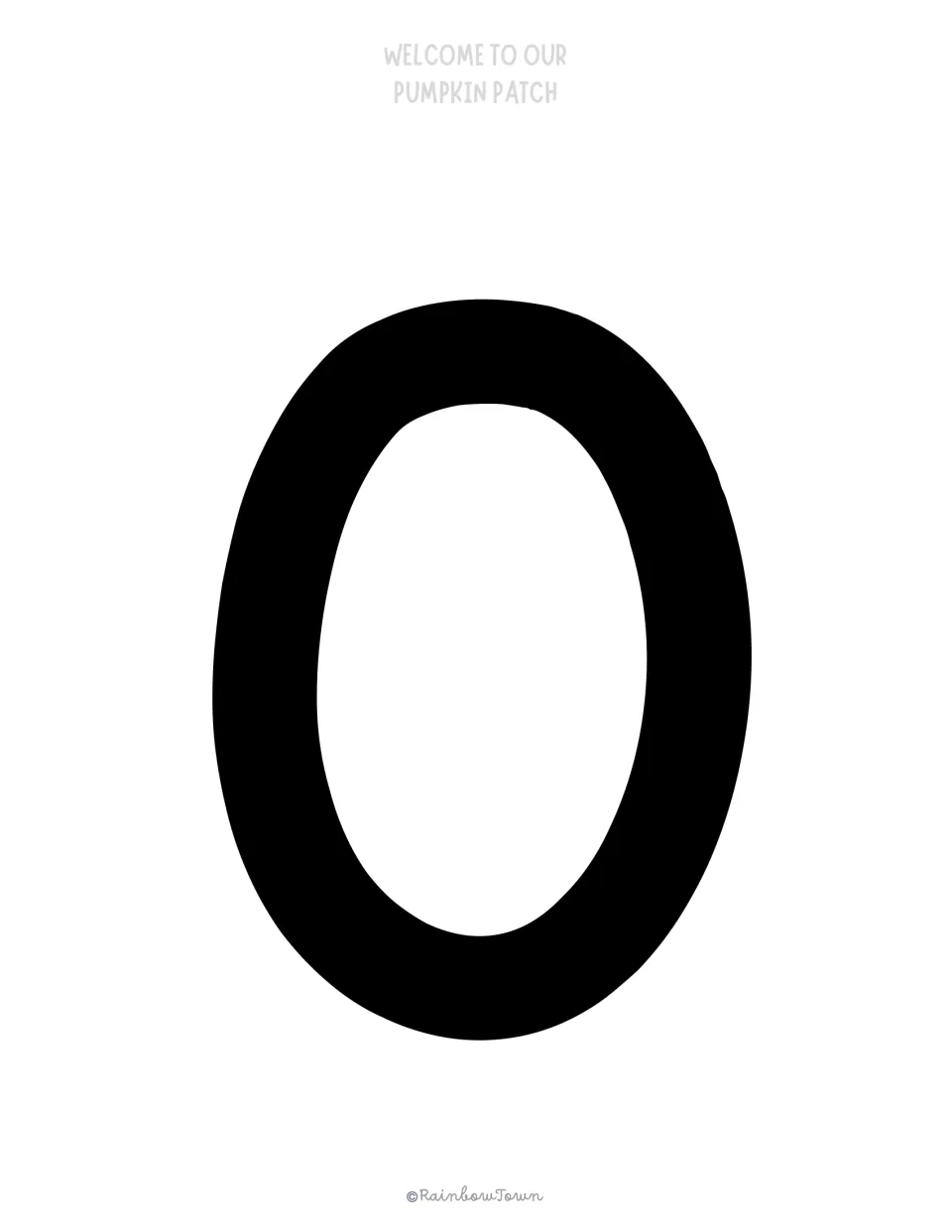 Cut-out letter O: a thick black oval O, the fifth letter of WELCOME, sized to fill a full sheet for the door sign