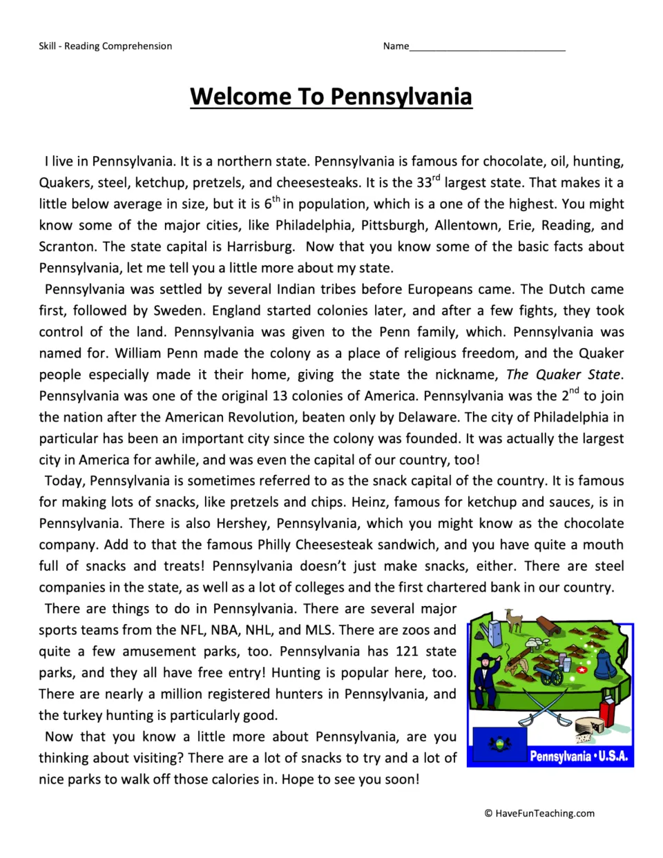 Reading passage about Pennsylvania's history, major cities, famous foods, industries, and recreation.