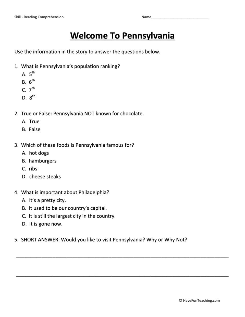 Comprehension questions on Pennsylvania's population rank, foods, Philadelphia, and reasons to visit.