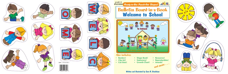 Welcome to School: Bulletin Board-in-a-Book cover with punch-out children holding WELCOME letters and a sample board