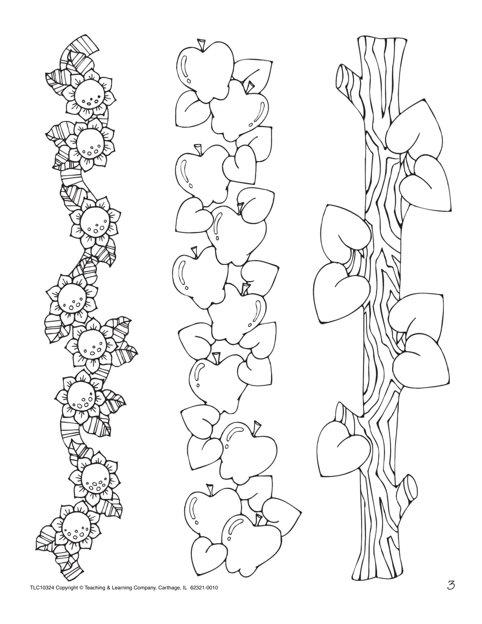 Border strips to color and cut: a sunflower vine, a row of apples with leaves and a tree branch with heart-shaped leaves