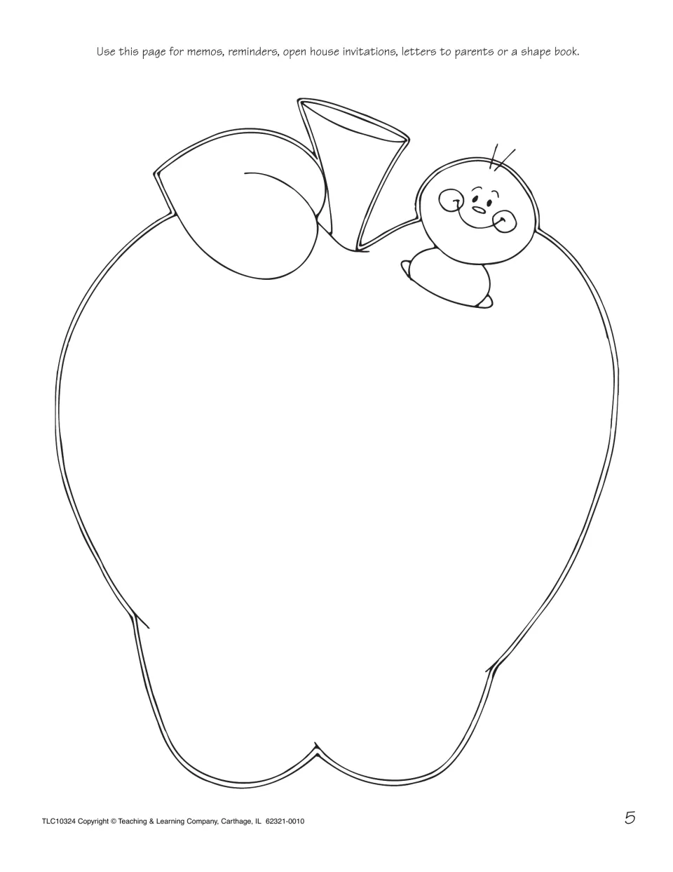 Apple shape page with a smiling worm peeking over the top, left blank for memos, invitations or a class shape book