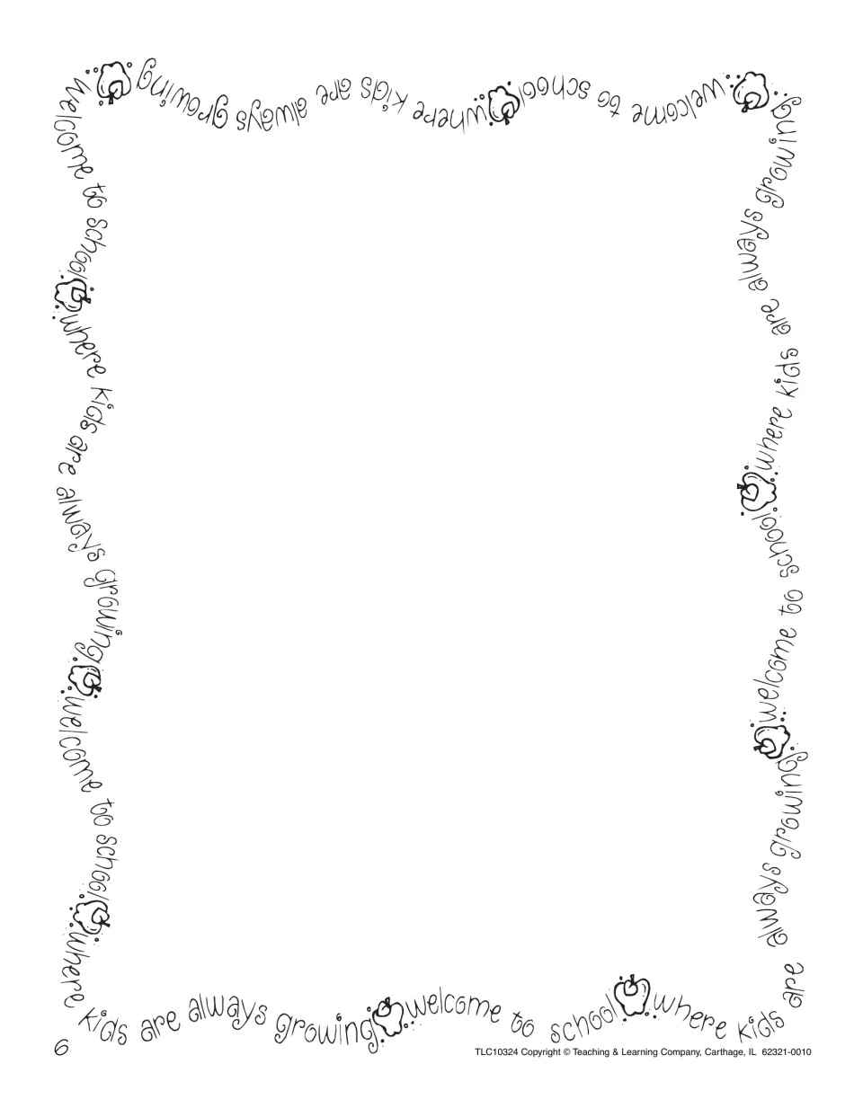 Stationery framed by the repeating phrase 'welcome to school, where kids are always growing' with small apple drawings